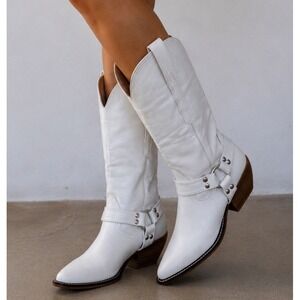 A Rider Girl White Faux Leather Harness Studded Pull Tab Cowgirl Boots Size 6.5